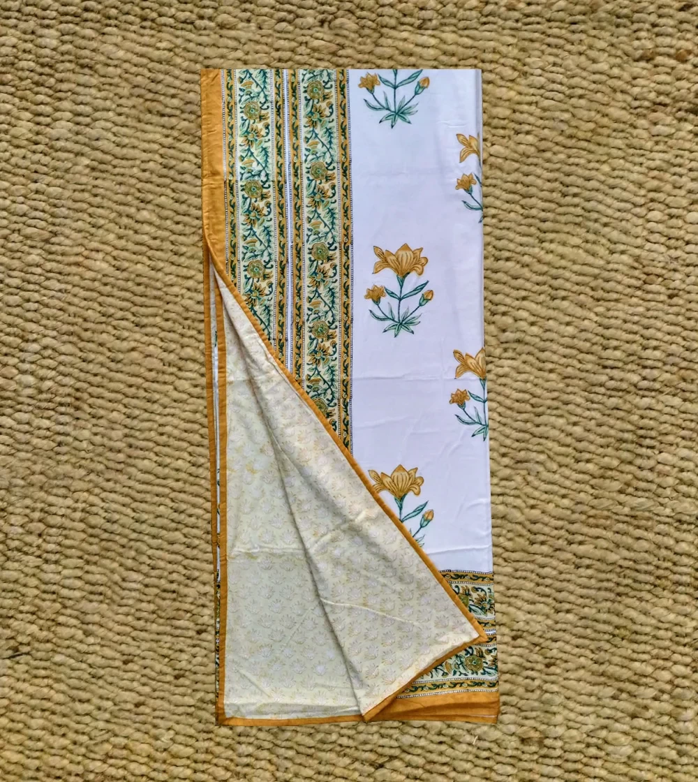 Stunning Orange Mineral and light green flower leaf with reversible color Hand block print Dohar