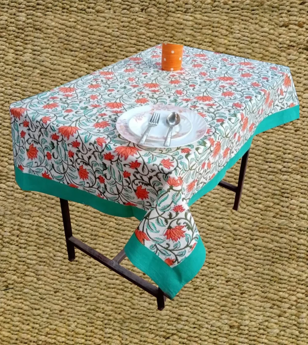Handcrafted Turquiose strip with multi color  block print Table cover