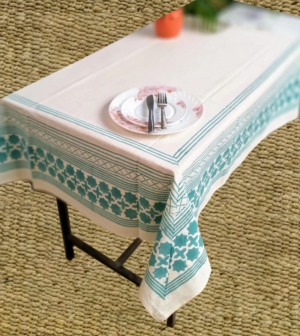 Turquiose flower print with Wish open a star white Table Cover