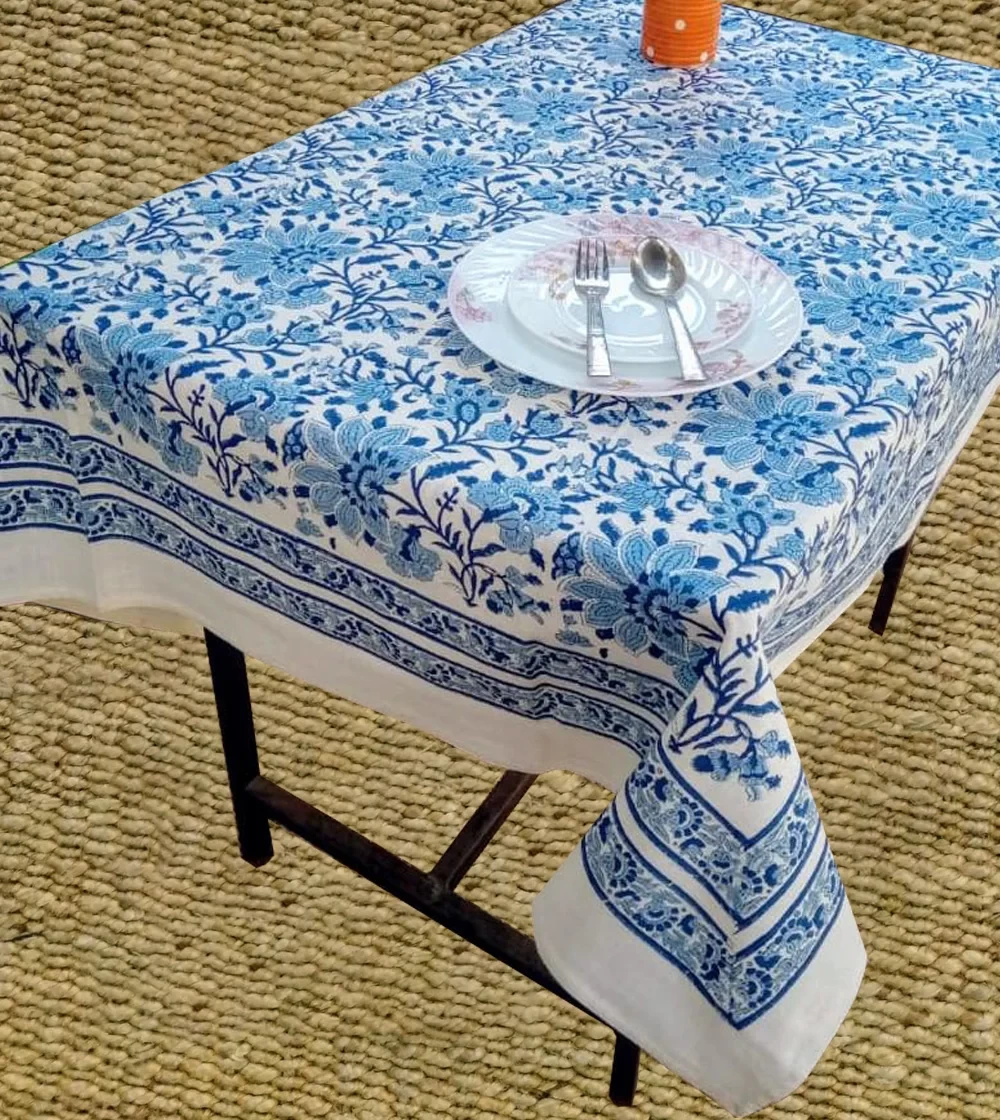 Lapis Blue with Sky Blue flower print Table Cover