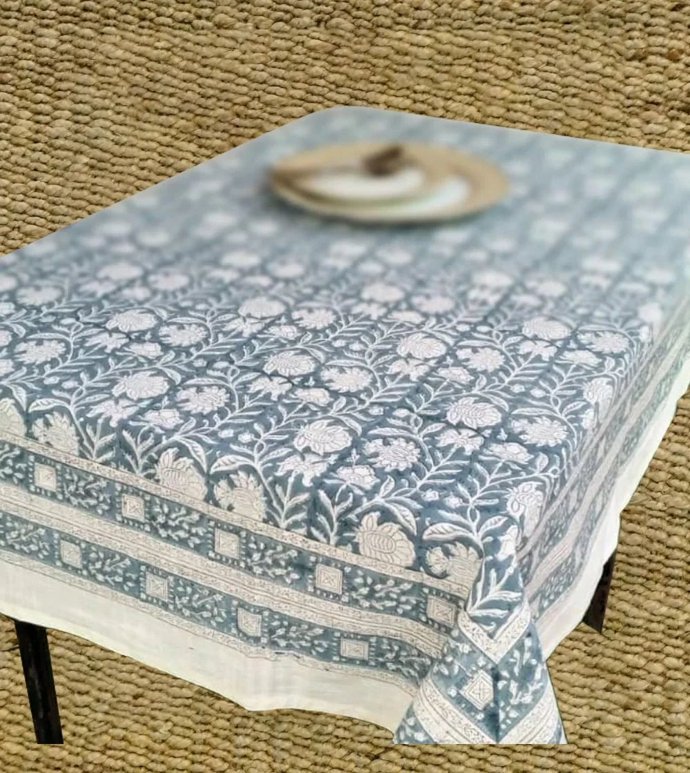 Denim Drift & Wedding White Flower Print Table Cover