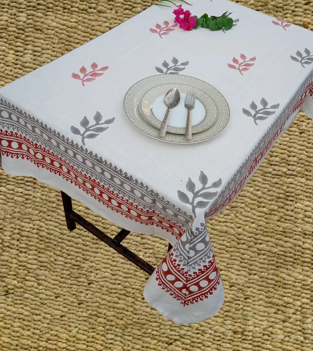 Coral Red and West Cost Grey Leafe Print Table Cover