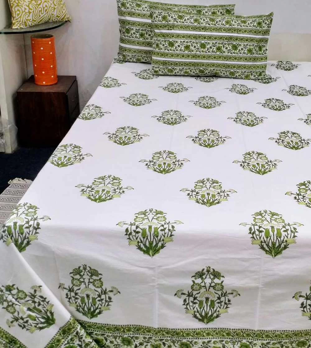 Delightful Pasture Green flower plant Hand block printed Bed Covers