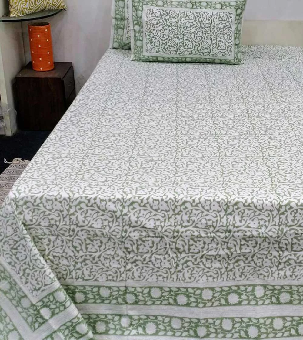 Seemly Green and white flower Hand block printed Bed Covers