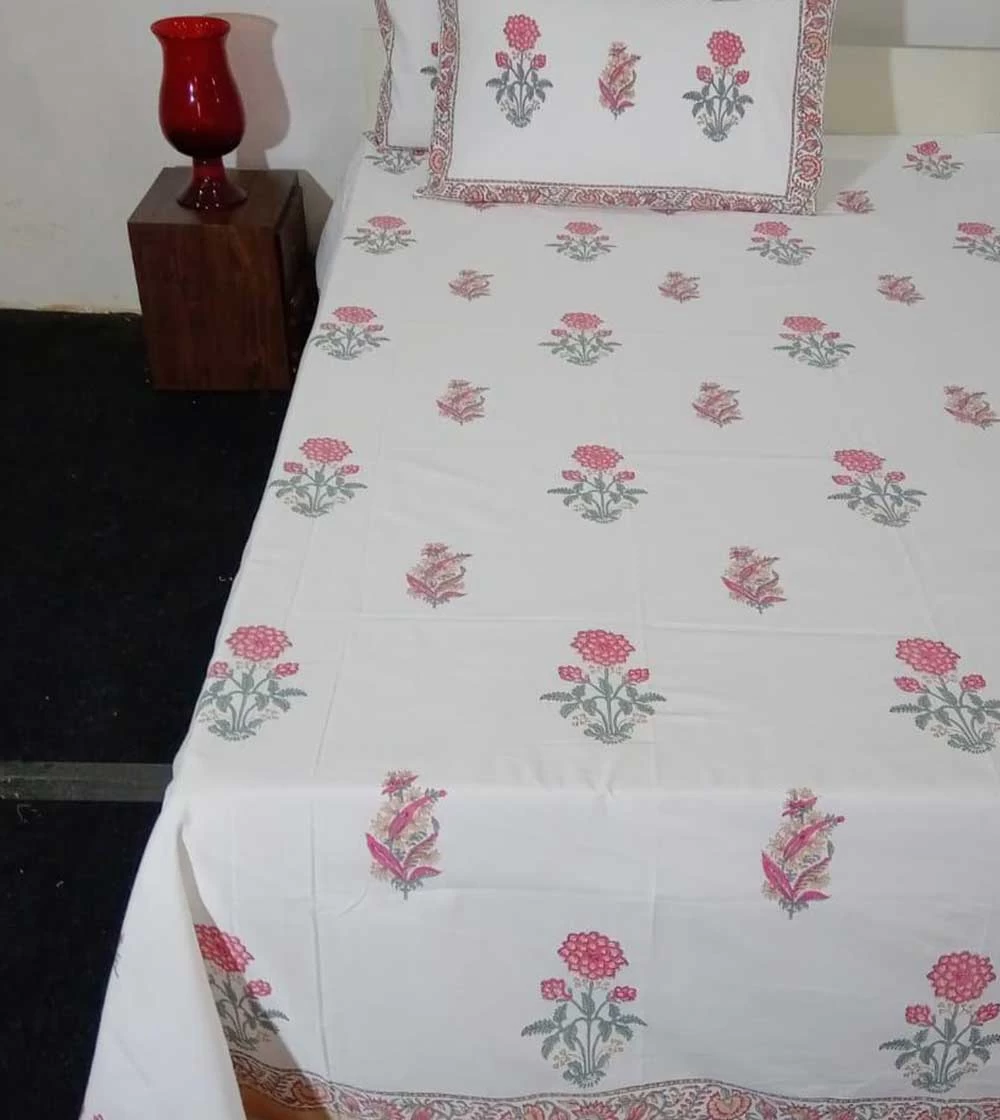 Goodly Pink and Green Flower Hand block printed, Bed Covers