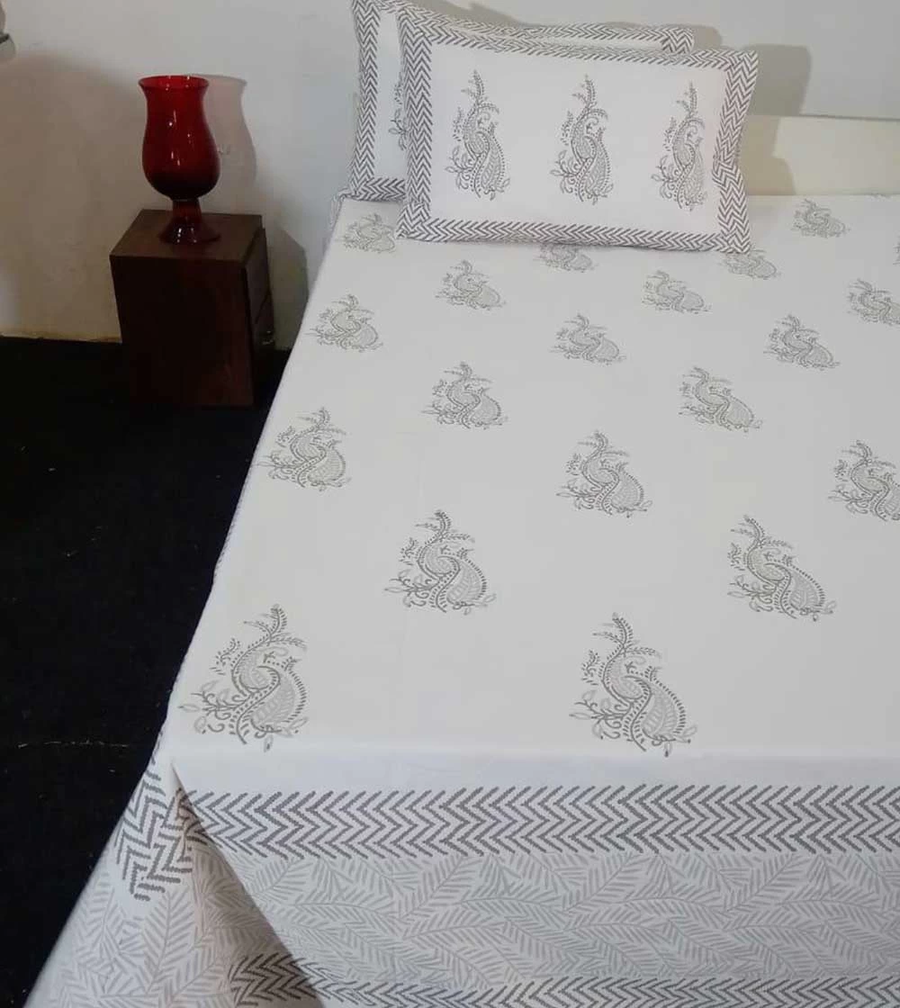 Charming Light Grey Hand block printed Bed Covers