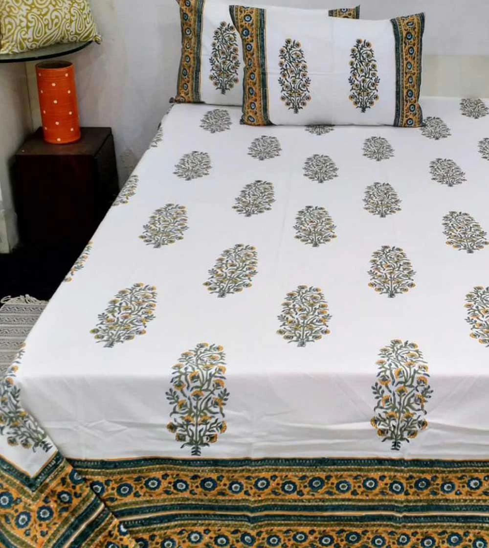 Appealing Flower Plants with full border Hand block printed Bed Covers