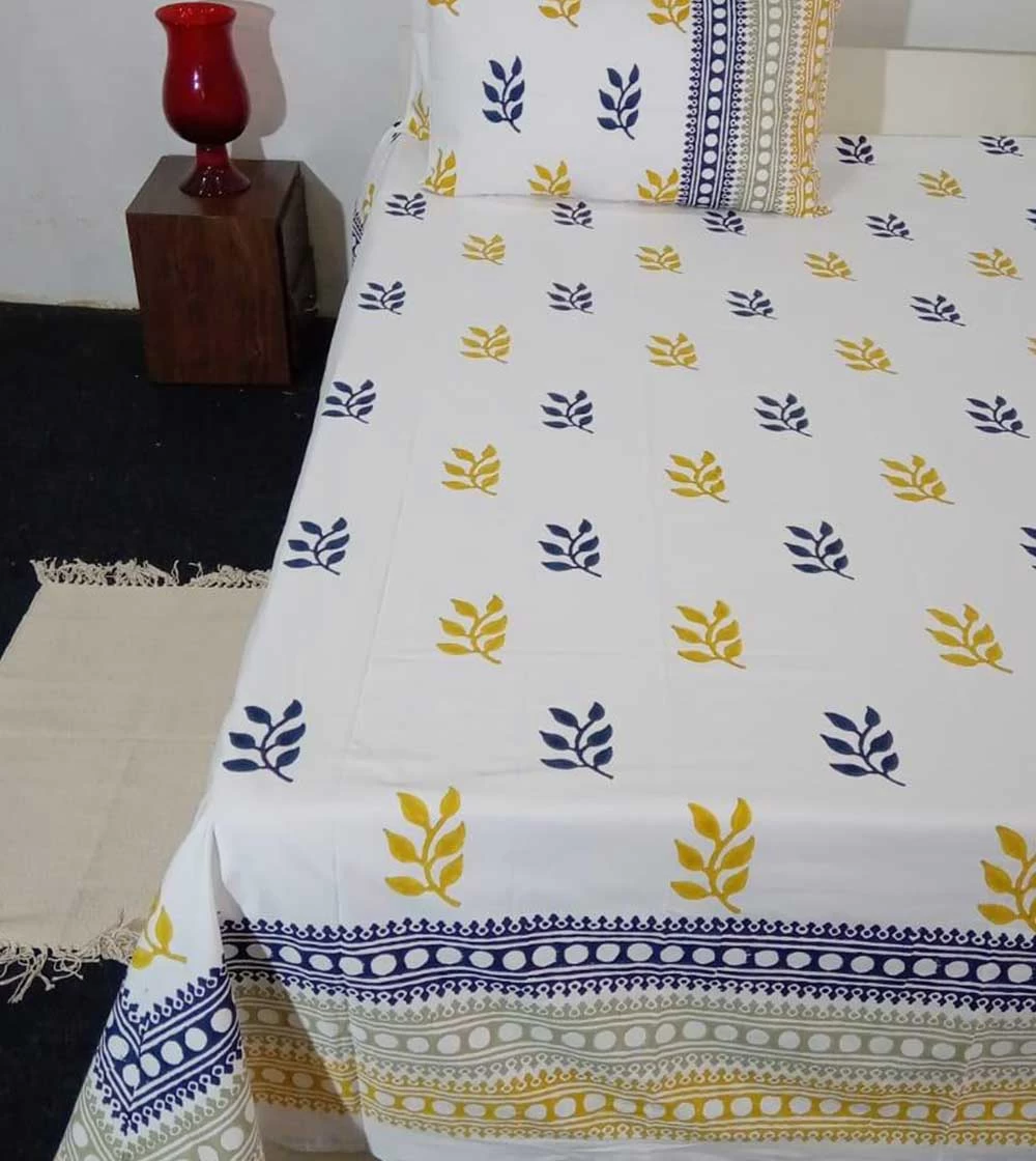 Charming Blue and Yellow Plant with border Hand block printed Bed Covers