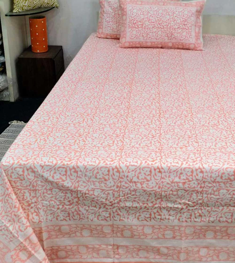 Glossy Pink Hand block printed ,Bed Covers