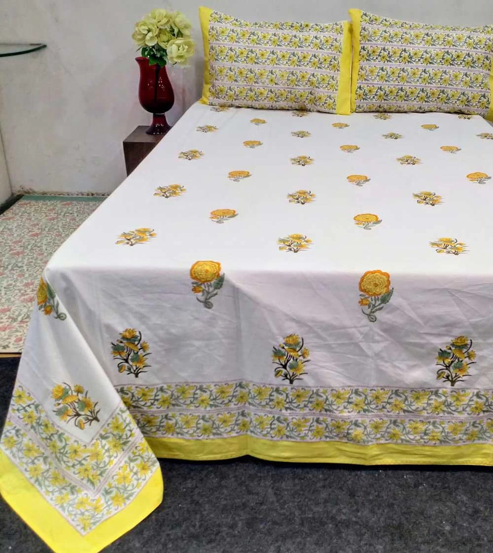 Flashy Sunflower Plant Hand block printed, Bed Cover