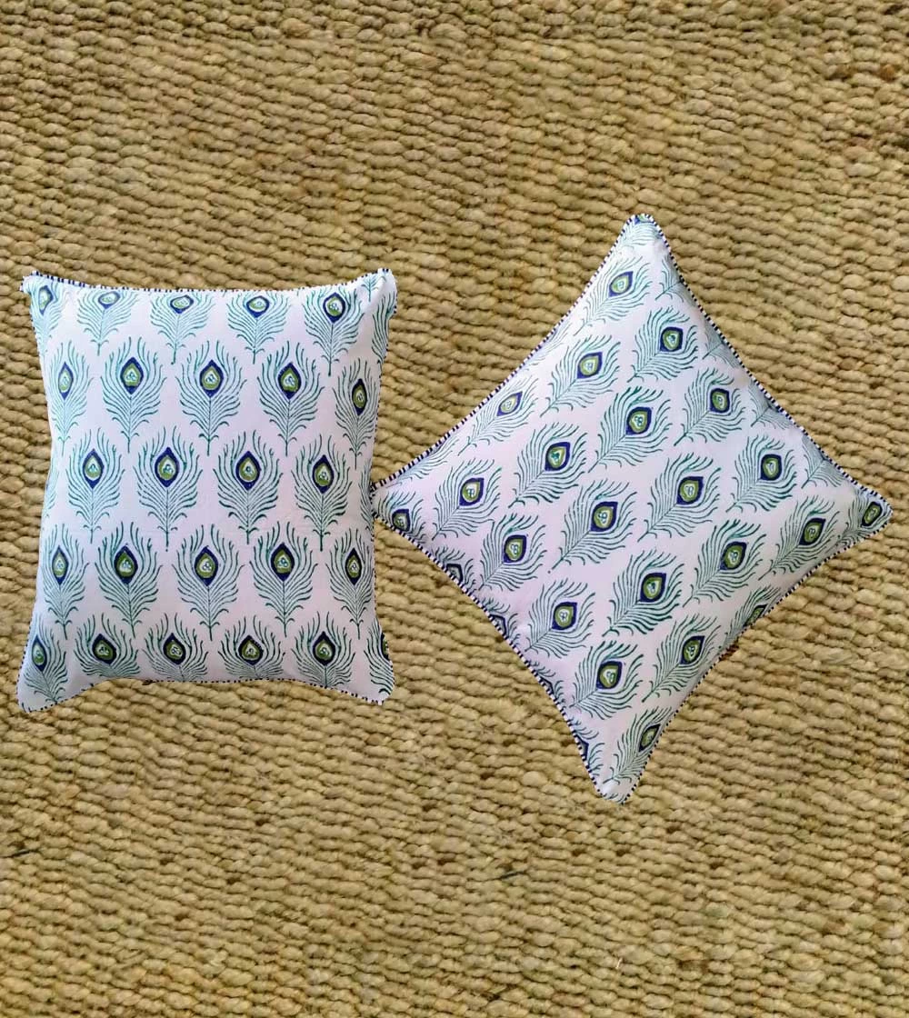 Charming Peacock feather Hand block printed  Cushion Cover